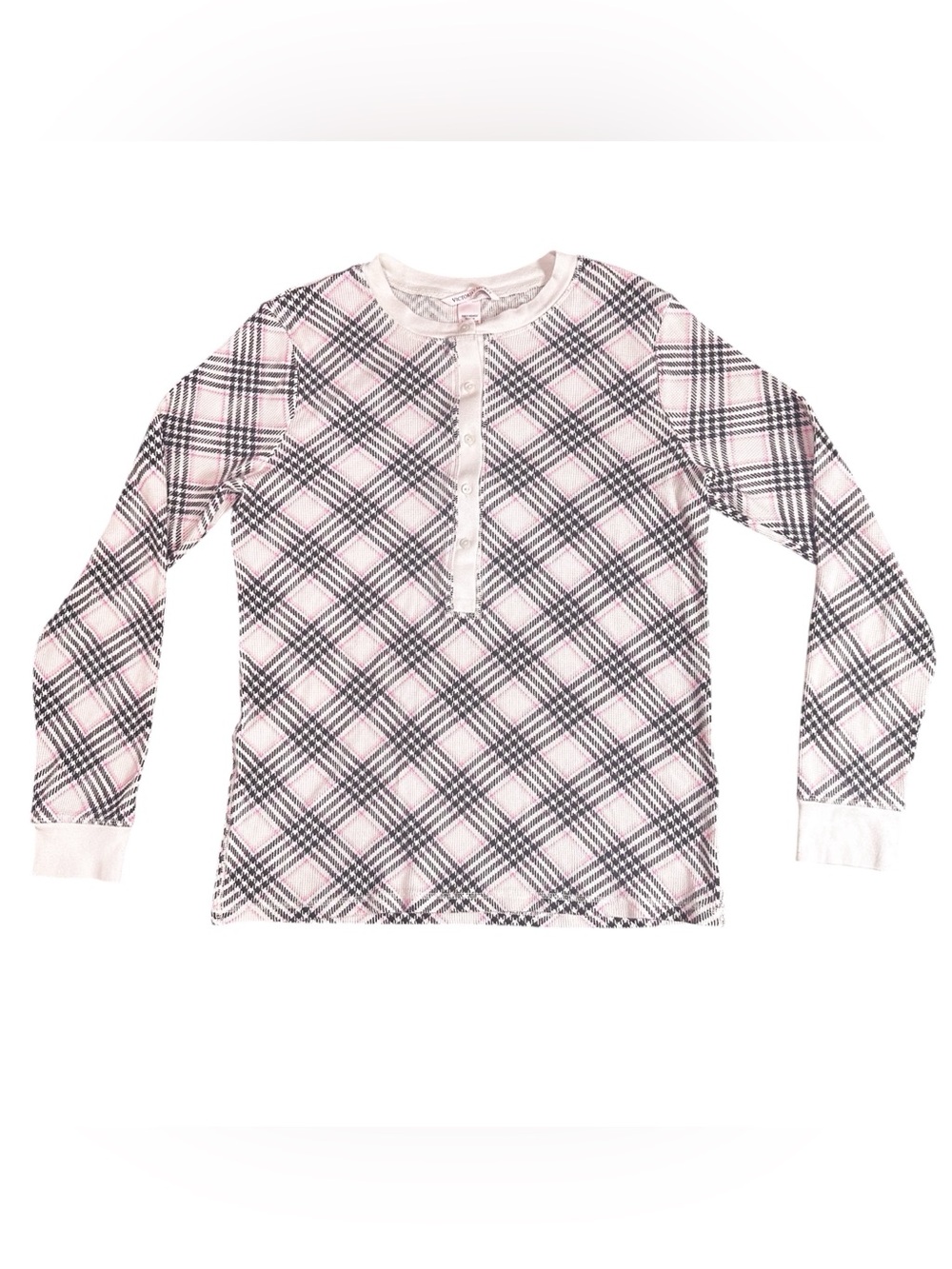 Victoria’s Secret Pink Black White Plaid Thermal Henley Top Tee T-Shirt Sz Med